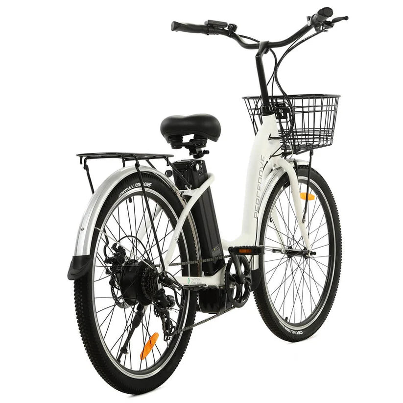 Ecotric 26" White Peacedove Electric City Bike with basket and rear rack