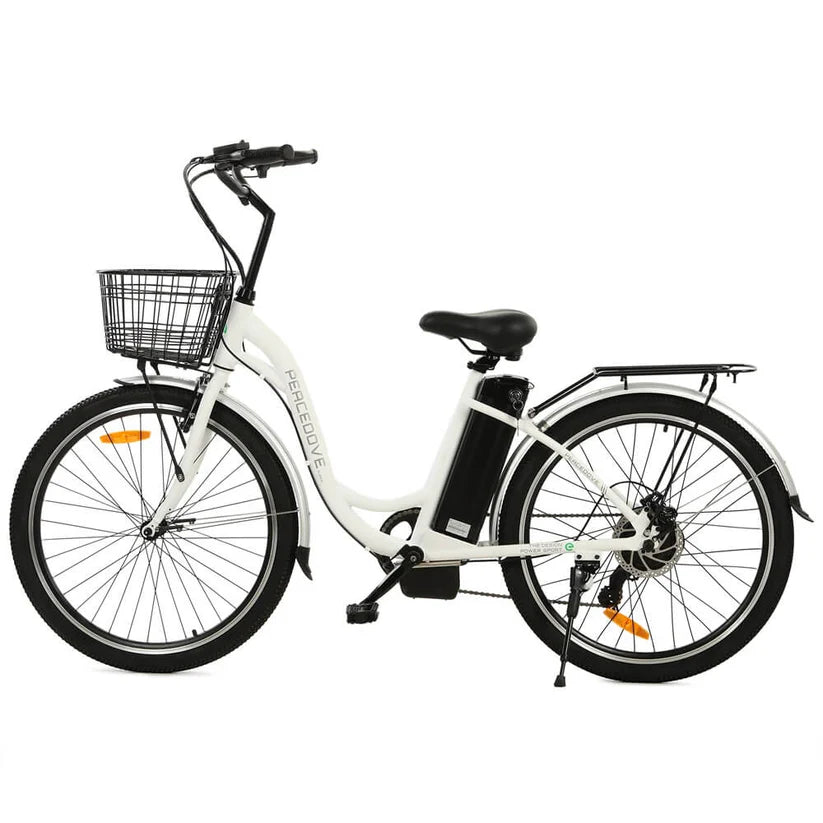 Ecotric 26" White Peacedove Electric City Bike with basket and rear rack